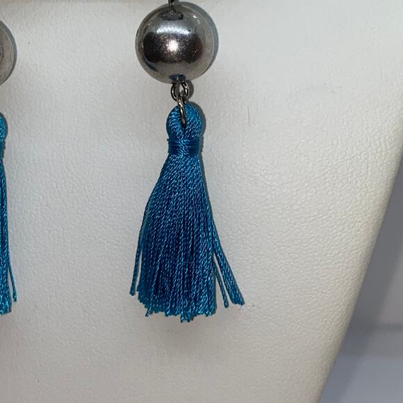 Antiqued Silver-Tone Heart Beaded Blue Tassel Tie Dangle Earrings - Picture 3 of 7